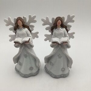 White & Silver Angel Figurine Set Christmas Decor 9"